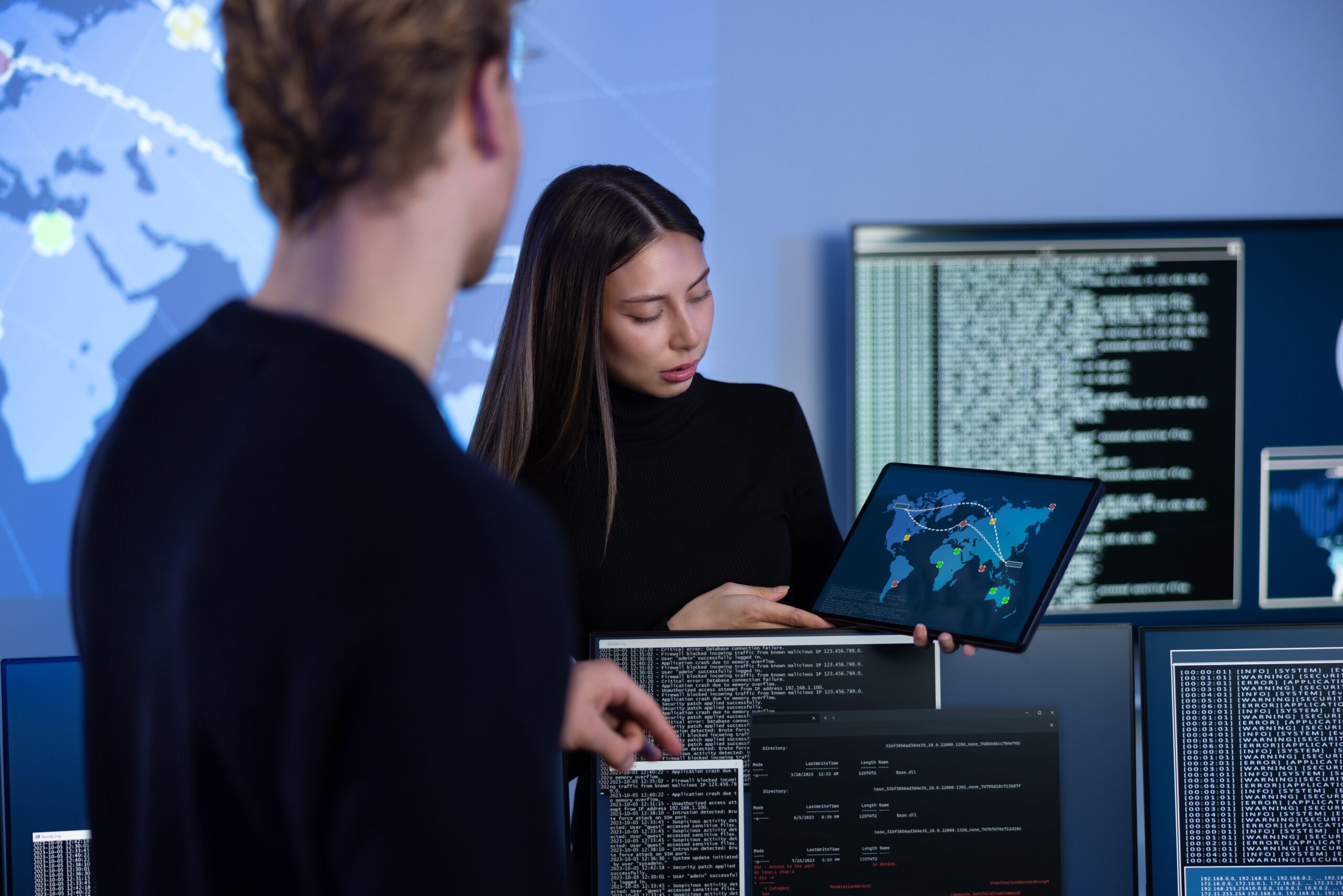 Man and woman in a cyber lab. Woman is showing man a laptop screen with global map image.